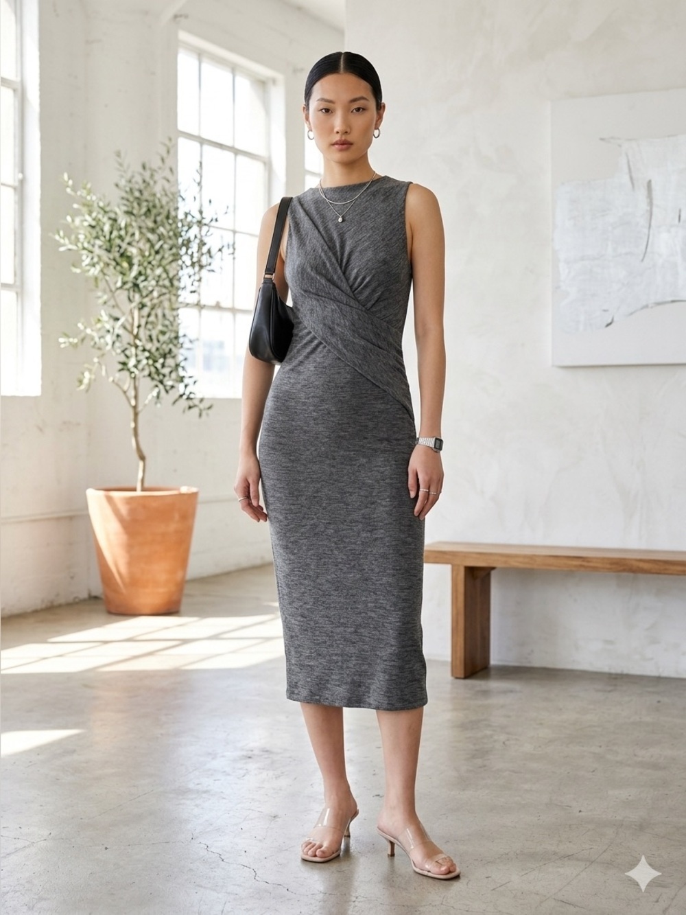 Alexander Wang gray twist front jersey midi dress - size Medium (M)